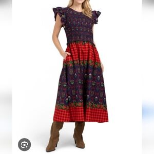 Lea Elegant Red and Blue Patterned Dress. Size L